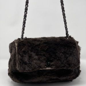 CHANEL (6880225) VINTAGE HALF FLAP BROWN RABBIT FUR SHOULDER BAG